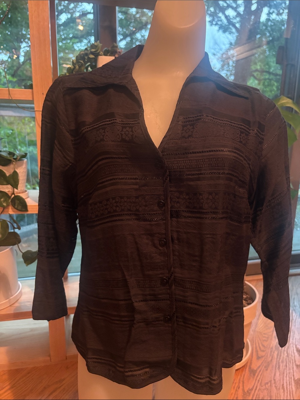 Talbots Black Textured Button-Down Shirt